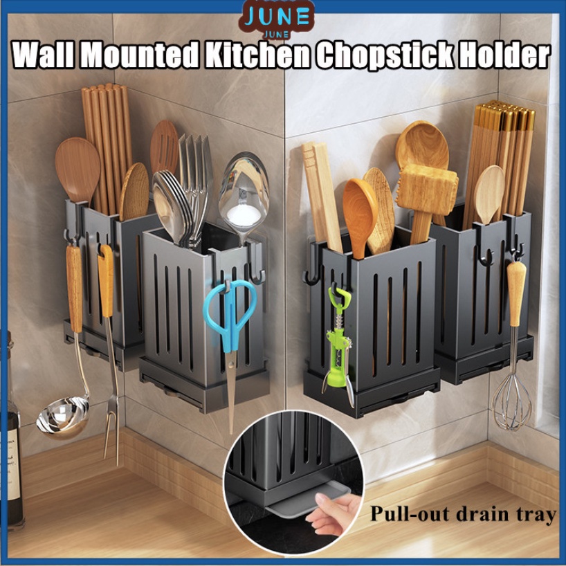 2Pcs Draining Chopstick Holder Wall Mounted Plastic Cutlery Storage Box ...
