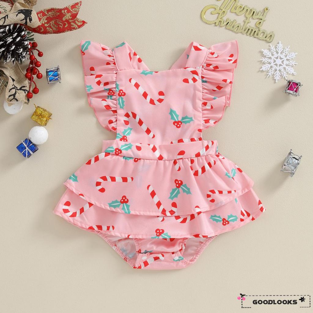 GDBaby Girl Christmas Romper Cute Ruffle Sleeveless Candy Cane Print