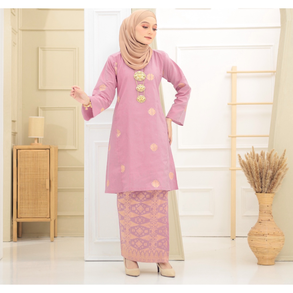 BAJU KURUNG PAHANG SONGKET COTTON TENUN CORAK BUNGA TABUR ROSE PINK ...