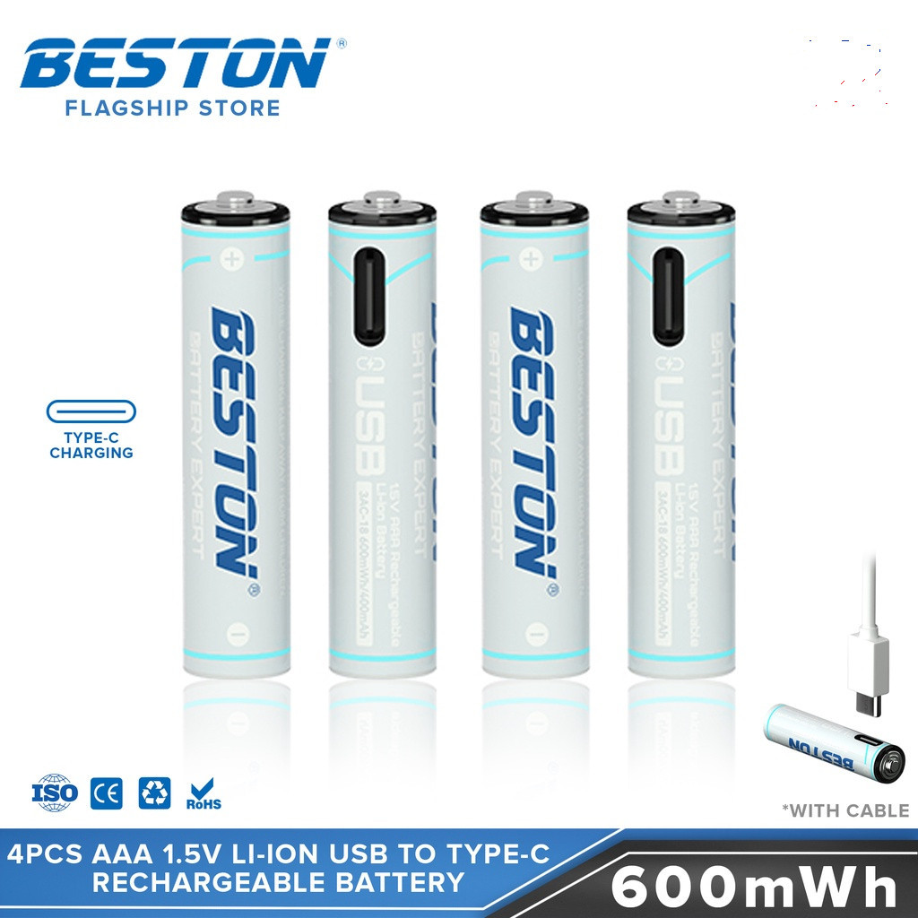 Beston 4pcs AAA 1.5V Li-ion USB to Type C Rechargeable Lithium Battery ...