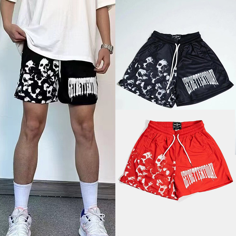 Stylish Skull Printed Mesh Drift Basketball Shorts Street Style Casual Trend Hip Hop Sports Short Pants Black Red Orange Blue Shopee Singapore