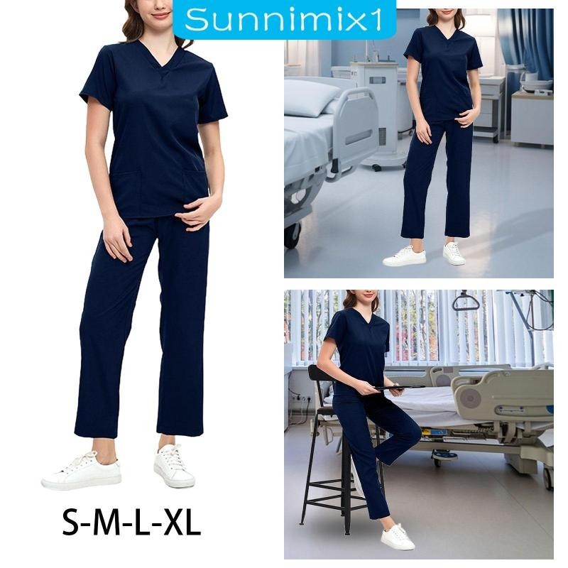 Uniforms Scrub Set with Pockets Nurse Top and Pants Men Women Clothes  Comfortable Nursing Work suits for Cosmetology Healthcare Pet Grooming Pink  M