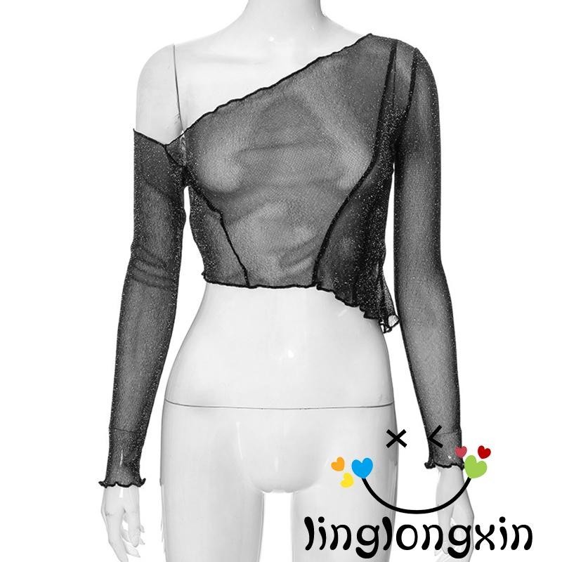 Women One Shoulder Crop Tops Glitter Long Sleeve Lettuce Trim Sheer Mesh Slim Fit Shirts Shopee Singapore