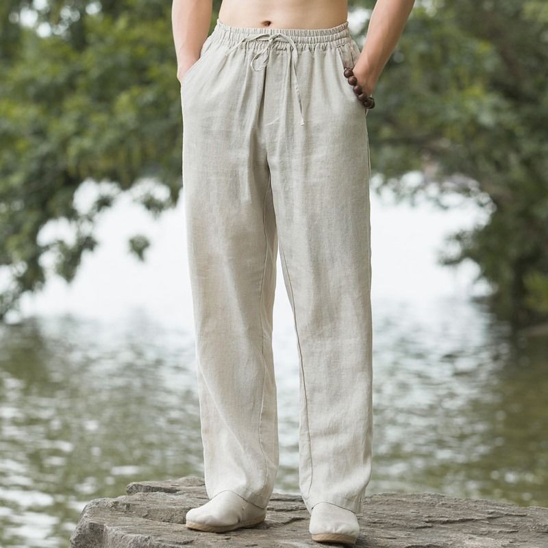 Men Linen Blend Baggy Kung Fu Pants Elastic Waist Trousers Straight Legs Casual