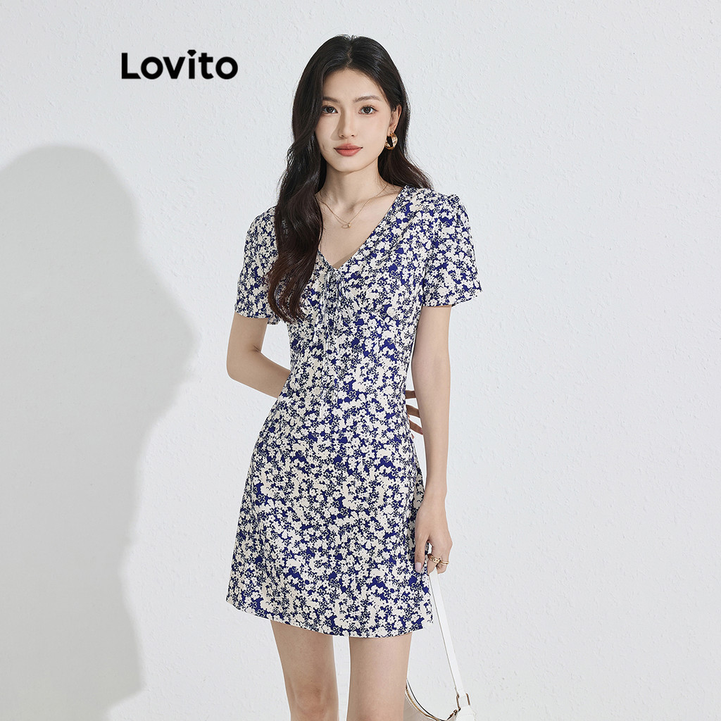 Lovito Casual Ditsy Floral Lace Up Ruffle Hem Dress For Women L Ed Shopee Singapore