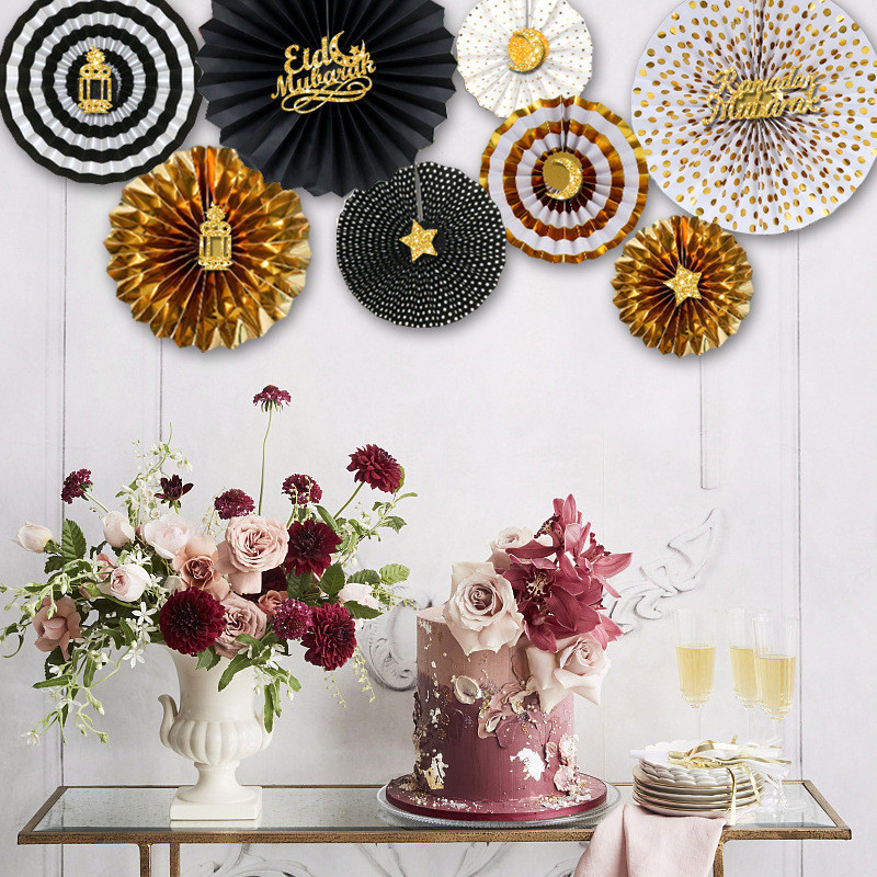 2025 Raya Decoration Paper Fan Flower Set Backdrop with Eid Mubarak and ...