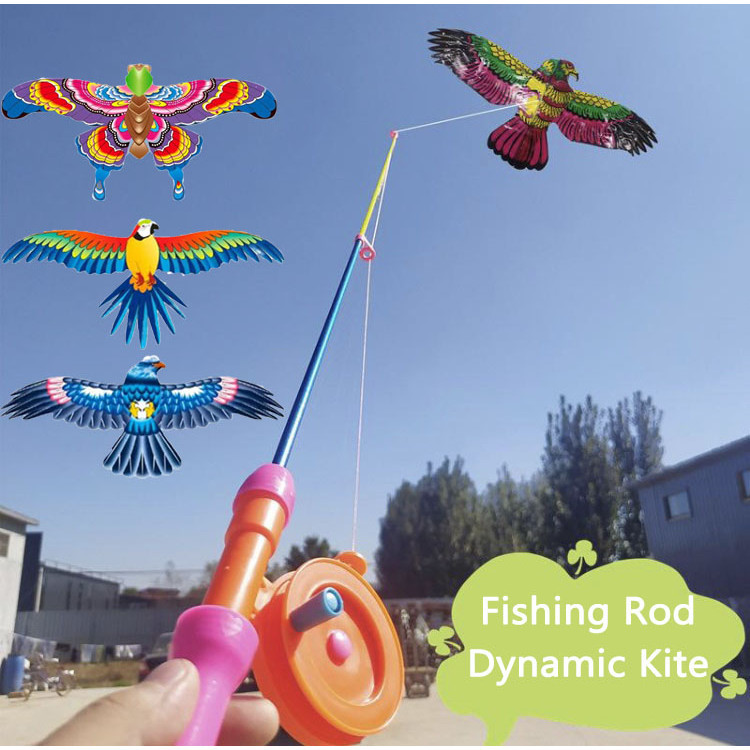 Kite With Fishing Rod Dynamic Cartoon Bird Butterfly Handheld Fishing Rod  Kite With Handle Eagle Children Flying Kite Toy