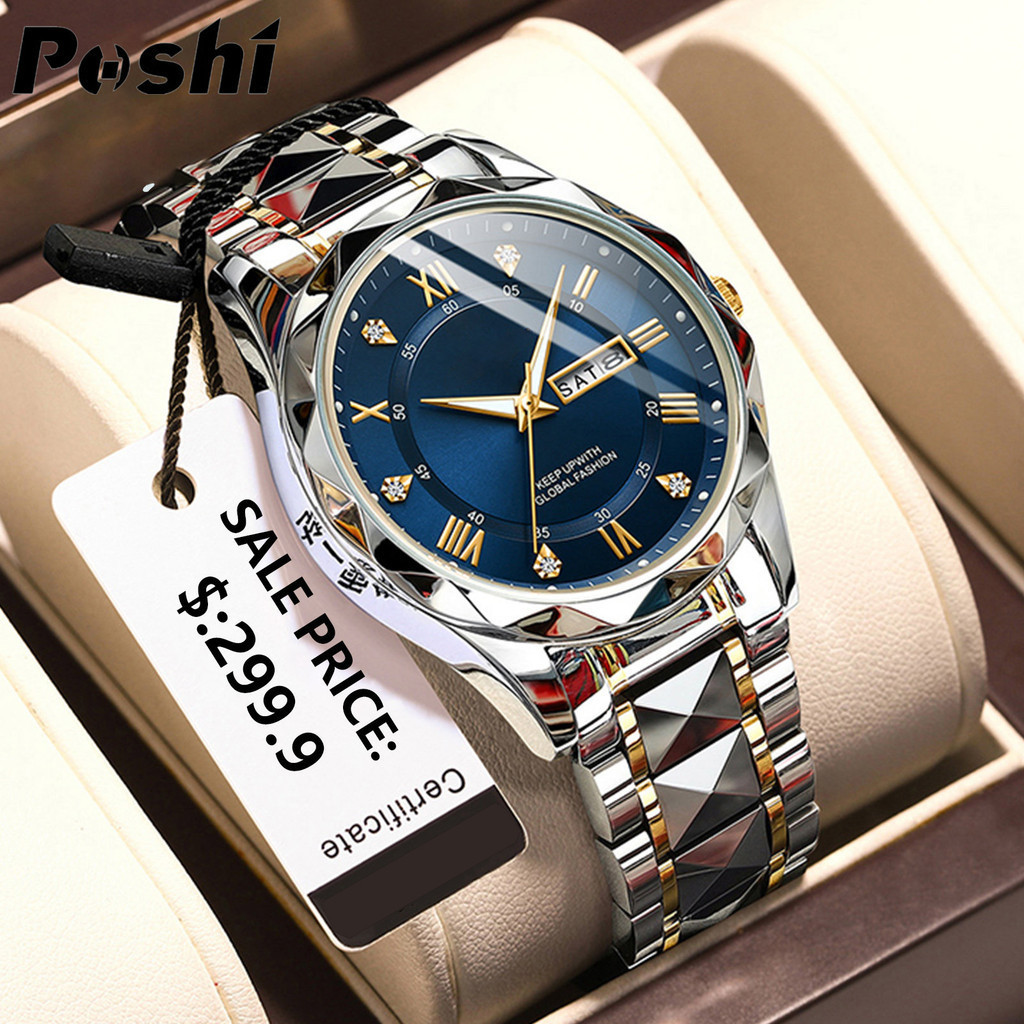 POSHI Waterproof Mens Watches Quartz Business Stainless Steel Silver Metal Multifunction Calendar Luminous Casual Men Watch