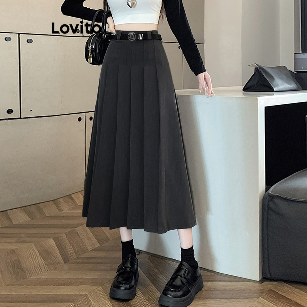 Lovito Casual Plain Pleated Skirts for Women LNE30091 (Grey/Black ...