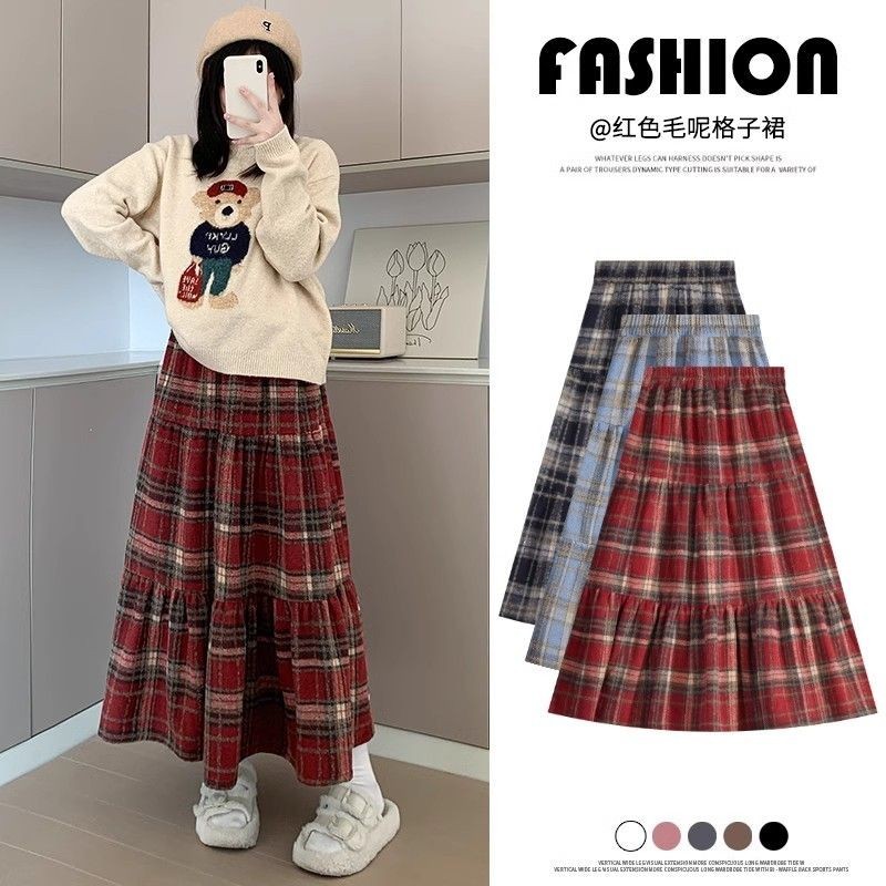 Women Fashion Plaid Skirt High Waist Slim A line Woolen School Skirt Large Sized Long Skirts Shopee Singapore