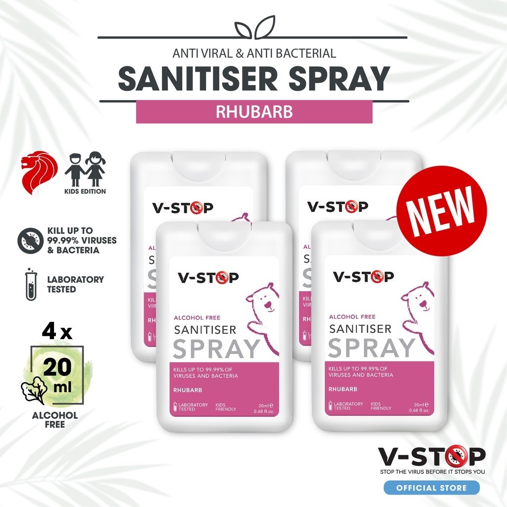 V-STOP Rhubarb Antiviral & Antibacterial Alcohol Free Kids Card Sanitiser -  20ml [Bundle 4]
