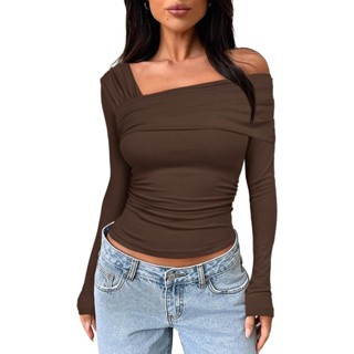 Off Shoulder Tops for Women Y2k Tops Ruched White Tops Slim Fit