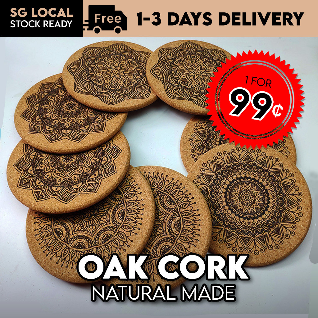 [SG STOCK] Oak Cork Coaster Mandala Natural Placemat Round AntiSlip for Coffee Tea Cup Mat