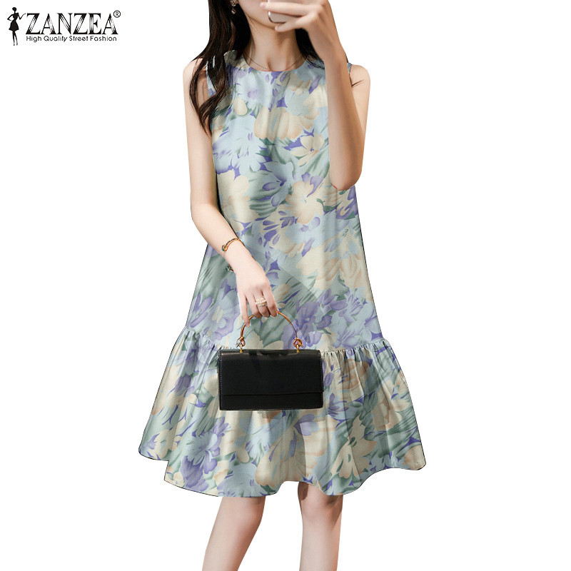 ZANZEA Women Korean Printed Party Fishtail Ruffle Hem Sleeveless ...