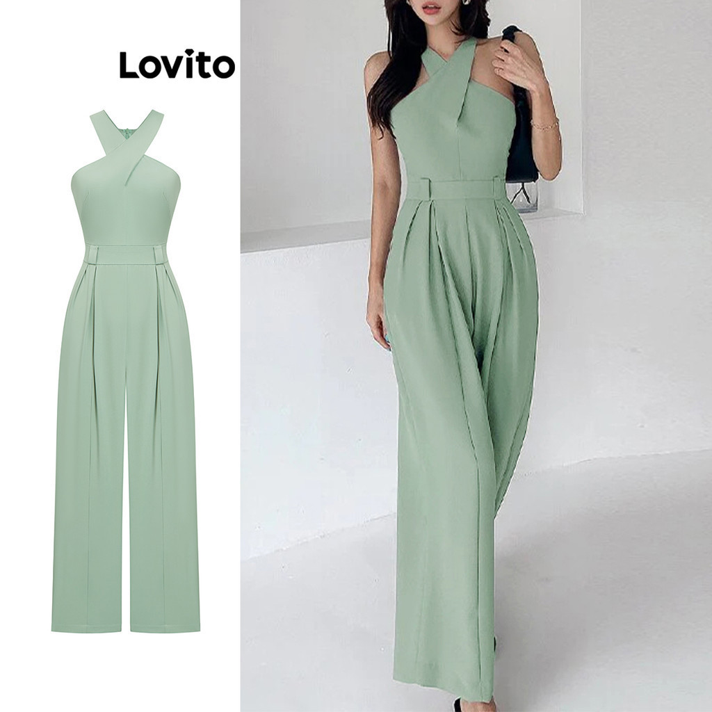 Lovito Elegant Plain Pleated Criss Cross Jumpsuit for Women L80ED471 ...