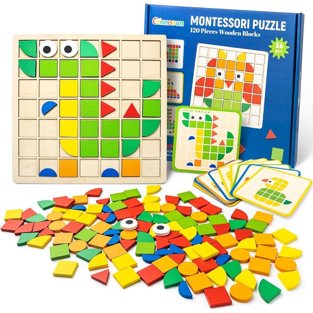 120Pcs Wooden Mosaic Puzzle Toy Montessori Kids Wooden 3D Geometric ...