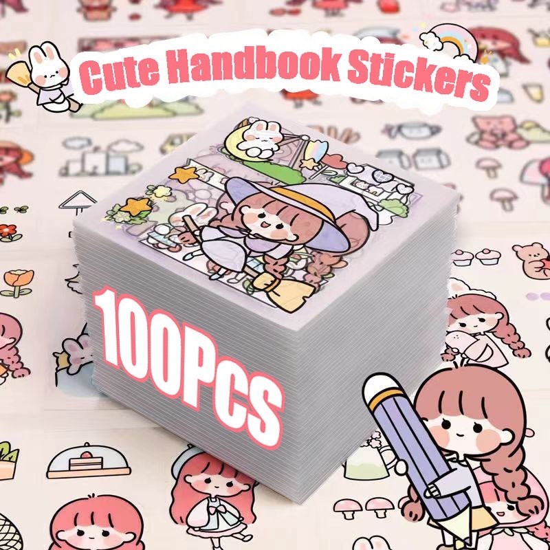100Pcs Cute Cartoon Sticker PET Transparent Kawaii Stationery Stickers ...