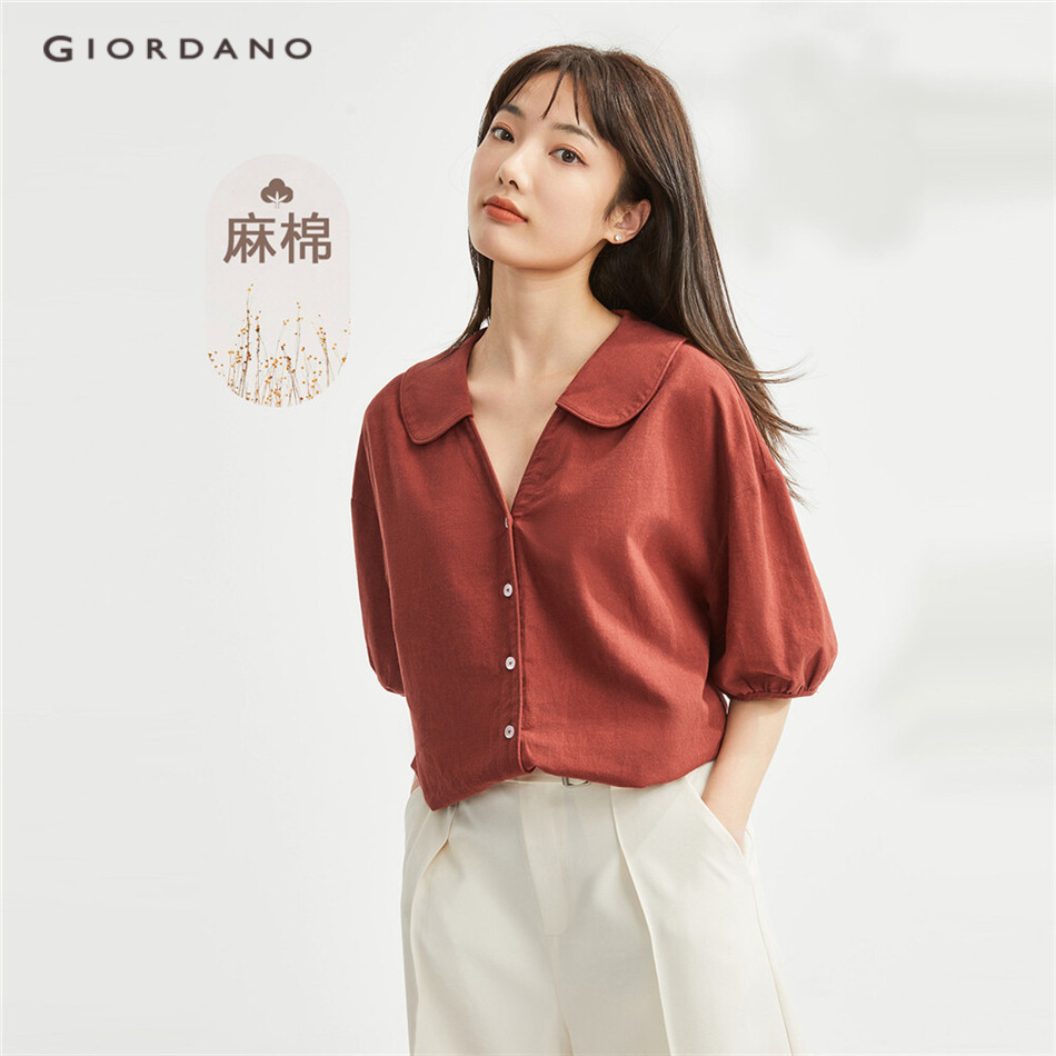 GIORDANO WOMEN Linen cotton doll collar puff sleeve shirt 13344310 ...