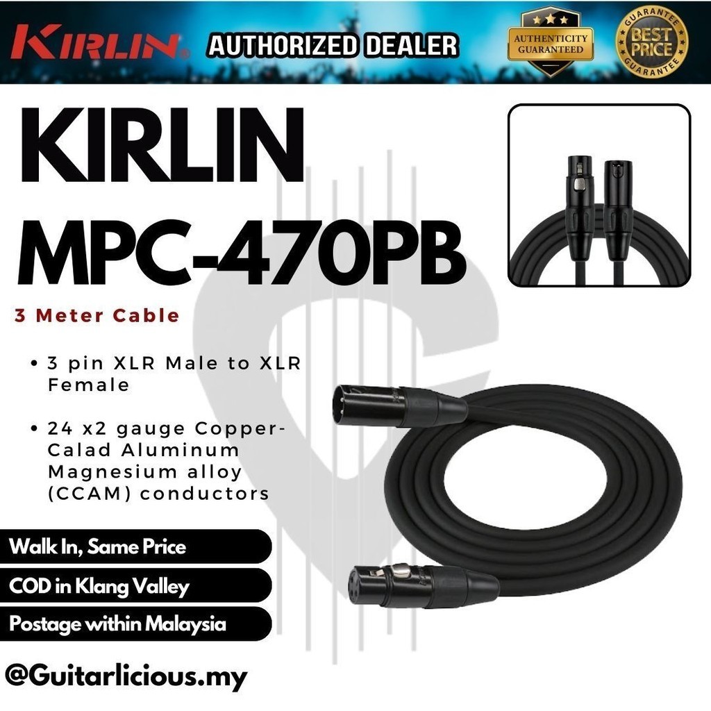 Kirlin MPC-470PB XLR Male to XLR Female 3-Pin Microphone Cable - 24AWG ...