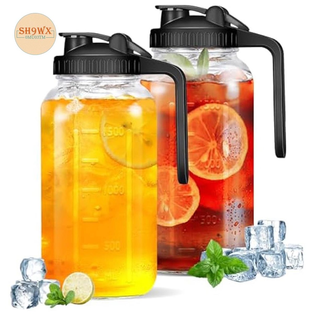 Glass Pitcher with Lid-2pcs Wide Mouth Mason Jar Pitcher,64OZ Leak ...