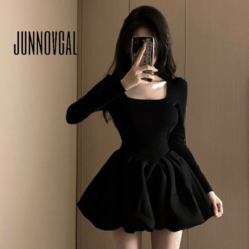 JUNNOVGAL Women Mini Dress Solid Color 2024 Fashion Low Cut Square Neck New Style Long Sleeve Shopee Singapore