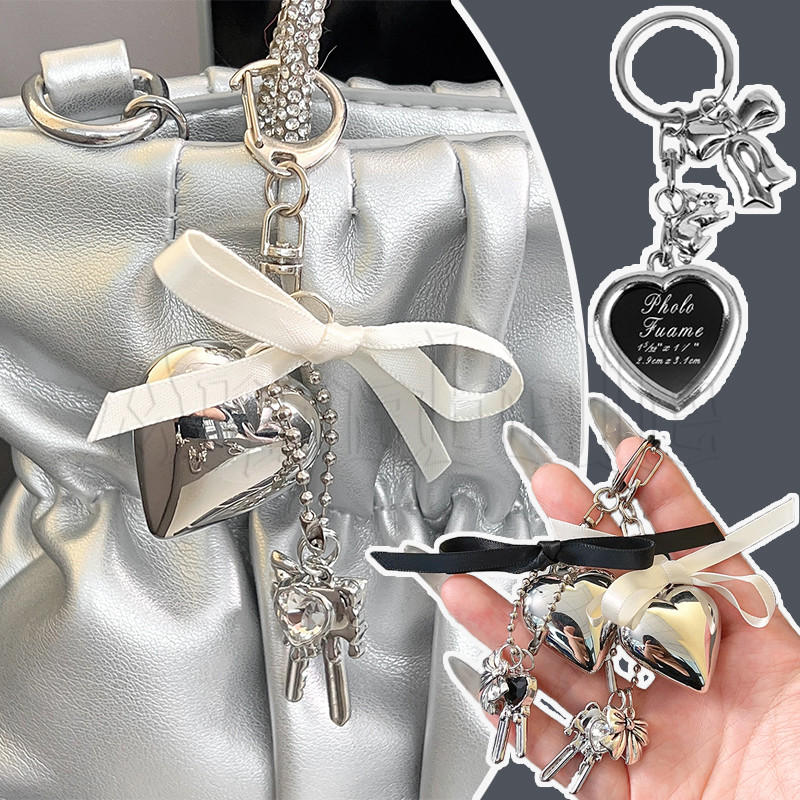 Big Heart Bow Keychain - Silver Love-Shaped Keyring - Fashion Backpack ...