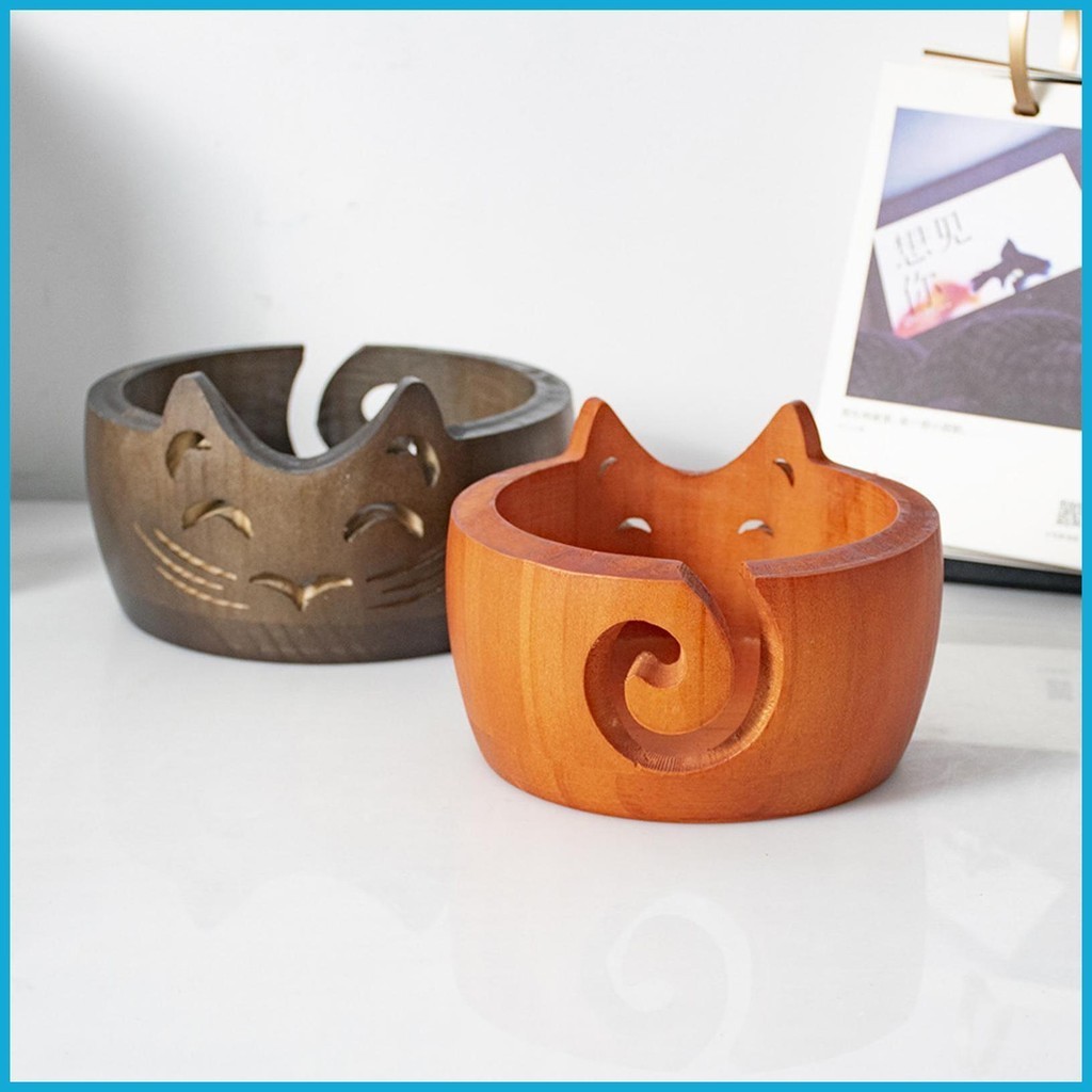 AQNJC Large Crochet Yarn Bowl - Cat Shaped Pine Wood Organizer, Holds 4 Skeins - View #4