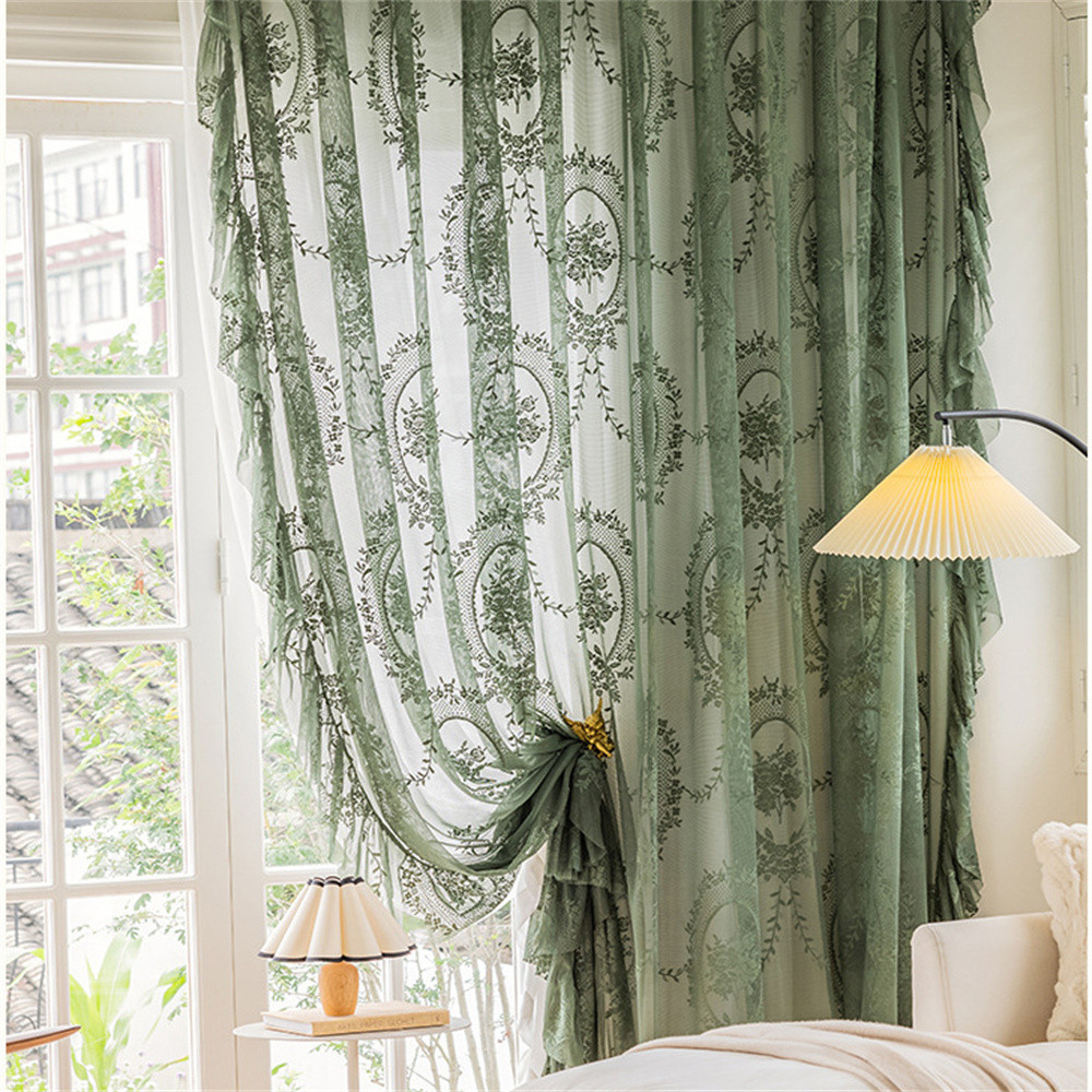 French Romatic Green Lace Sheer Window Curtain European Floral Mesh ...