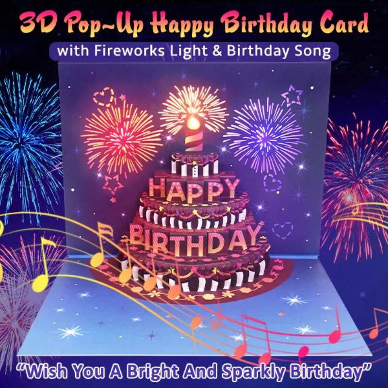 Birthday Card 3D Pop Up with Music Fireworks Lights Cake Blessing ...