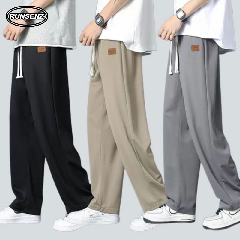 Korean Simple Ice Silk Long Pants Men Loose Casual Plain Straight Leg ...