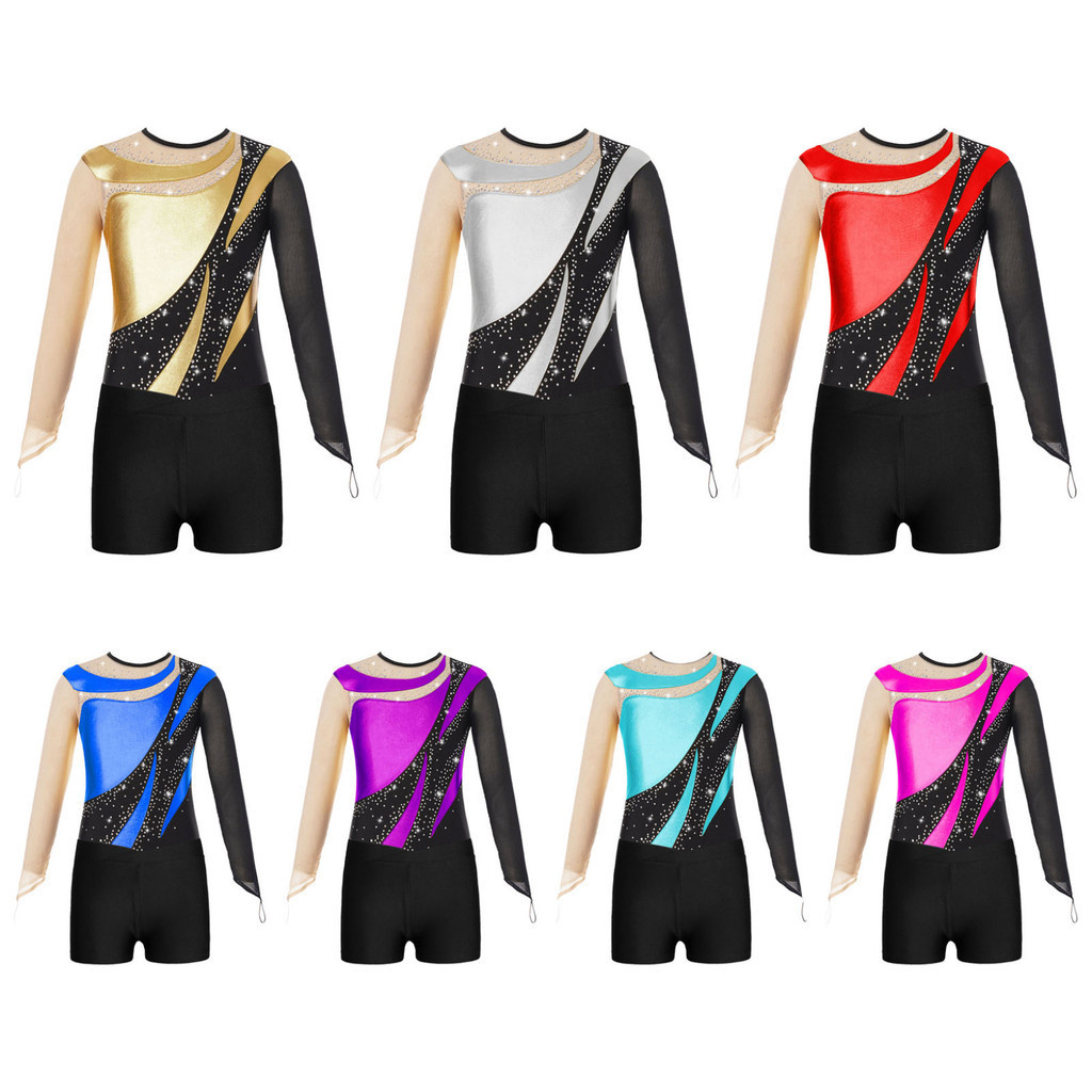 Girls Glitter Leotard Long Sleeve Dance Bodysuit with Shorts Rhinestone