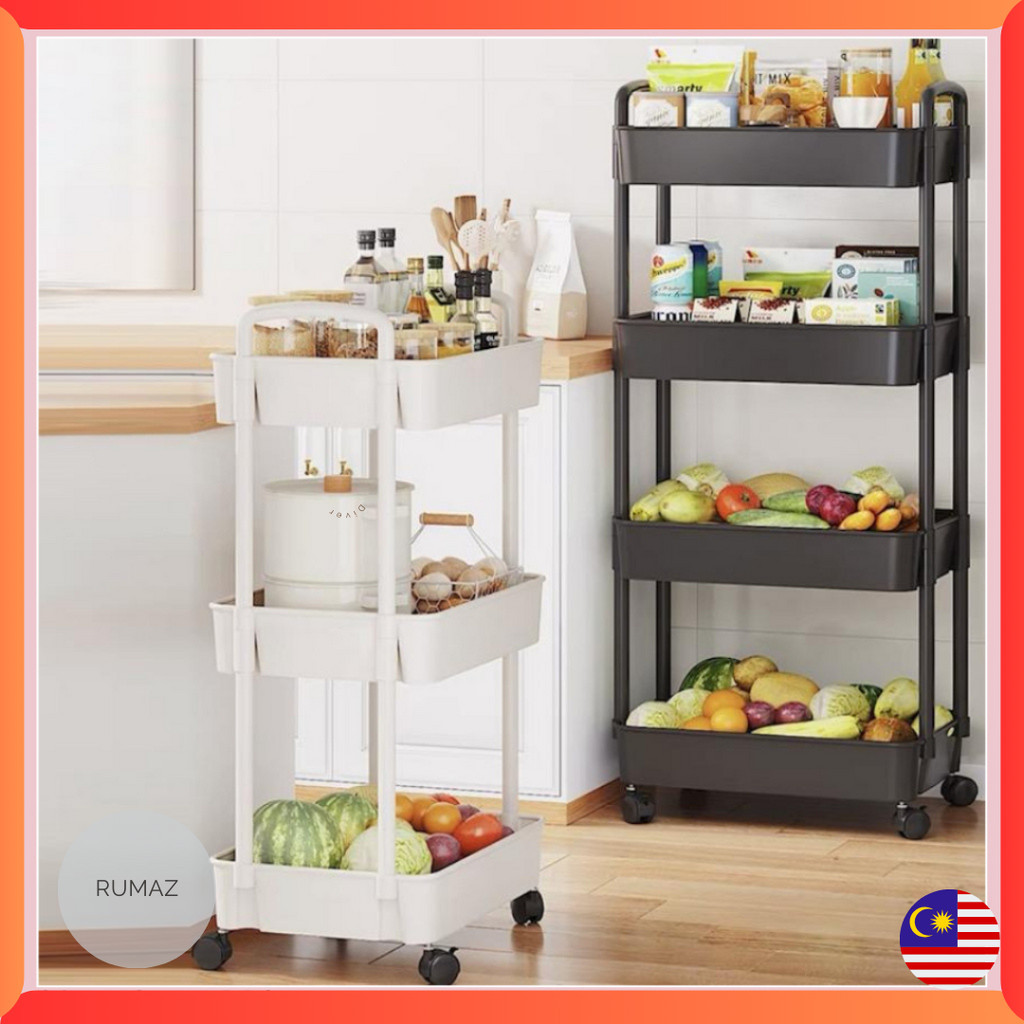 3&4 Tier Multifunction Storage Trolley Rack Shelves Home Kitchen ...