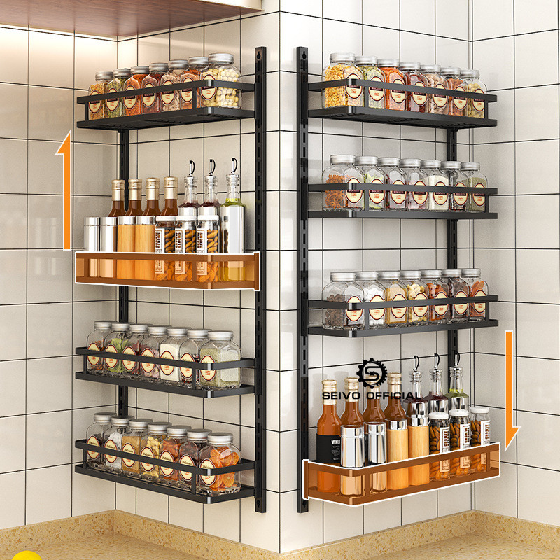 Wall Mount Spice Rack 5 Tier Height-Adjustable Hanging Spice Shelf ...