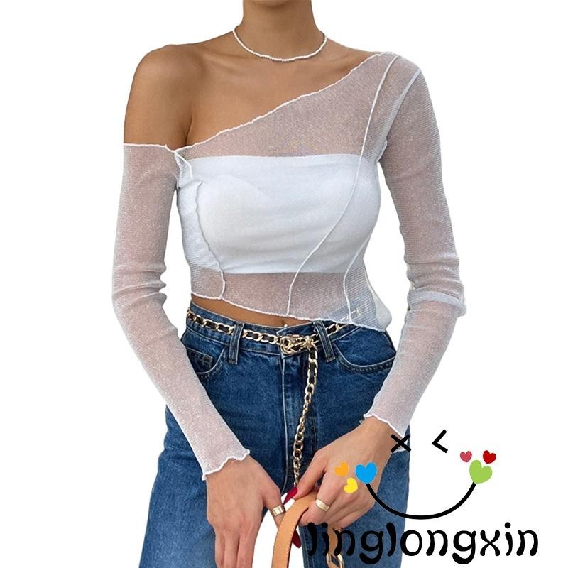 Women One Shoulder Crop Tops Glitter Long Sleeve Lettuce Trim Sheer Mesh Slim Fit Shirts Shopee Singapore