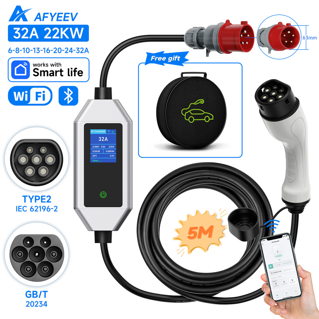 AFYEEV 22KW 32A 3Phase Type2 Portable EV Charger Wi-Fi APP Control GB/T ...