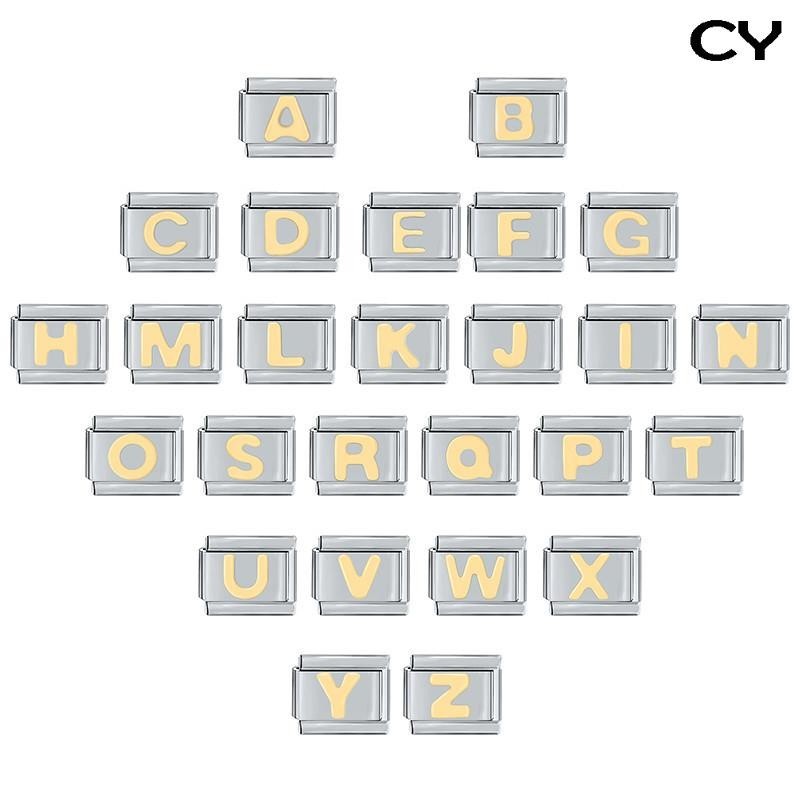 Gold 26 Letters A-Z Italian Links Charm Fit 9mm Stainless Steel ...