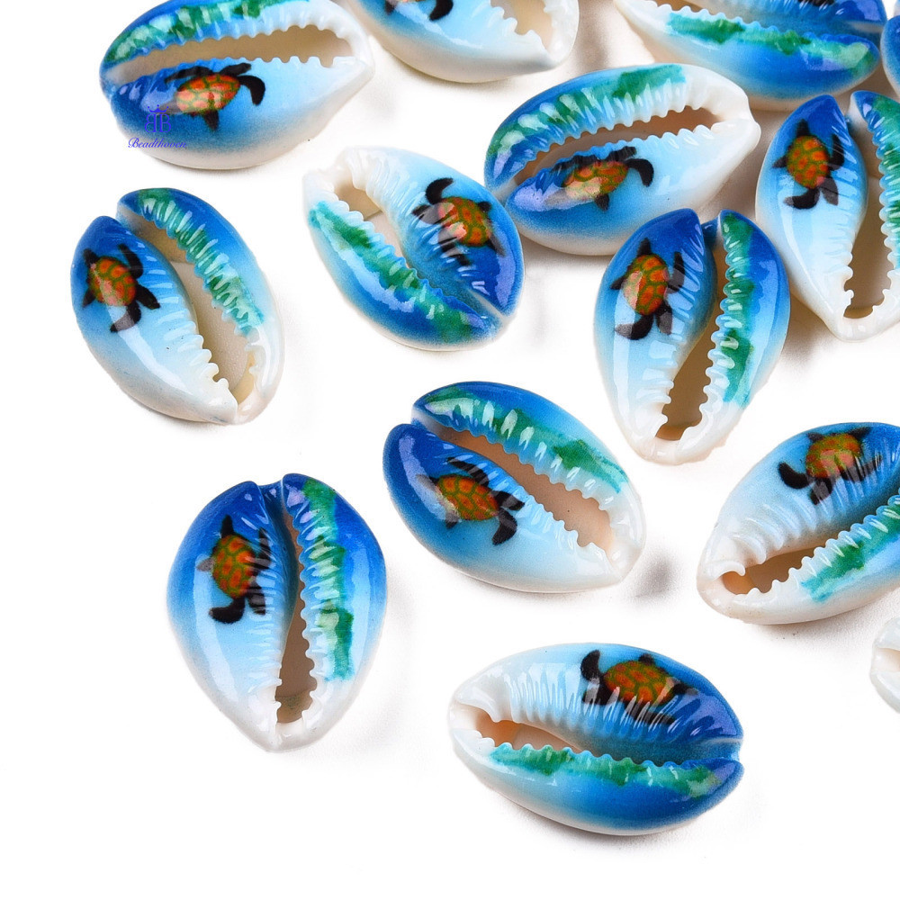 10pc Printed Cowrie Shell Beads No Hole/Undrilled Sea Turtle Pattern ...