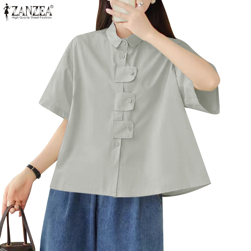ZANZEA Women Korean Fashion Solid Color Loose Short Sleeve Decorative ...