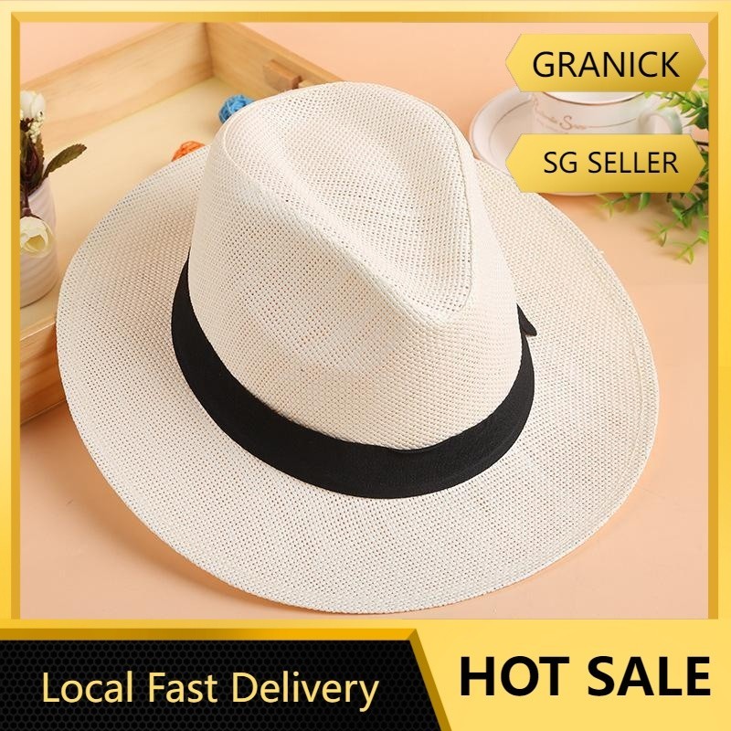 10406 SG STOCK Summer Beach Vacation Jazz Hat Straw Sun Hat Men Women  Hawaii Casual Sunshade Gangster Cap Bucket