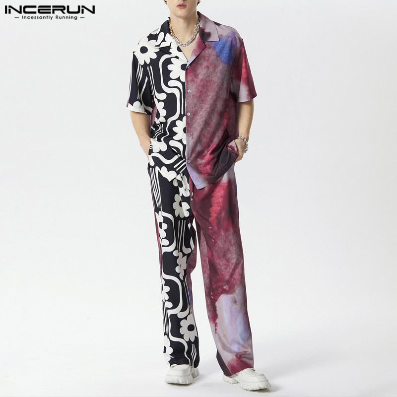INCERUN Men Vintage Printed Patchwork Short Sleeve Casual Two-Piece ...
