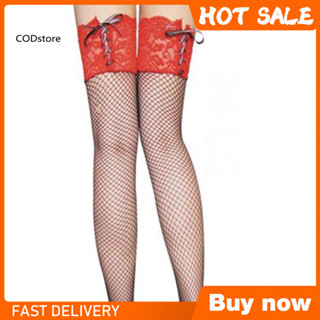 Hot Pink Lace Top Thigh High Fishnet Women's Stockings