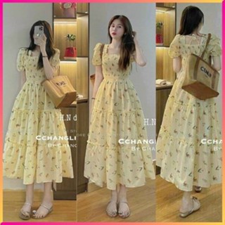 Ruffled dress with little flowers pattern spread out sleeves with 3 layers of lady, beautiful square neck yellow flower maxi dress L43