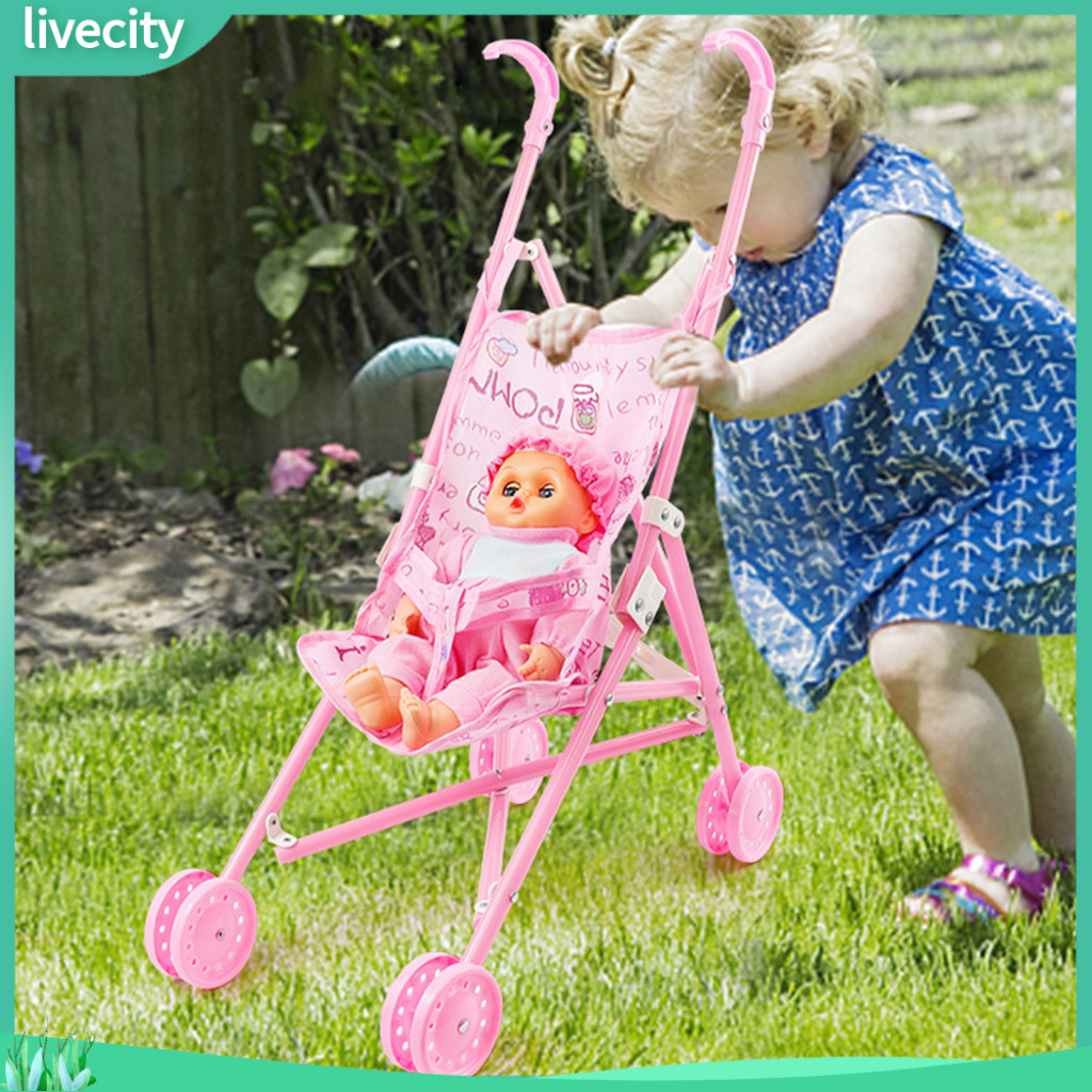 livecity 1 Set Doll Stroller Sturdy Easy Fold Lightweight Creative Doll Pram Toy with Baby Doll for Girl Shopee Singapore