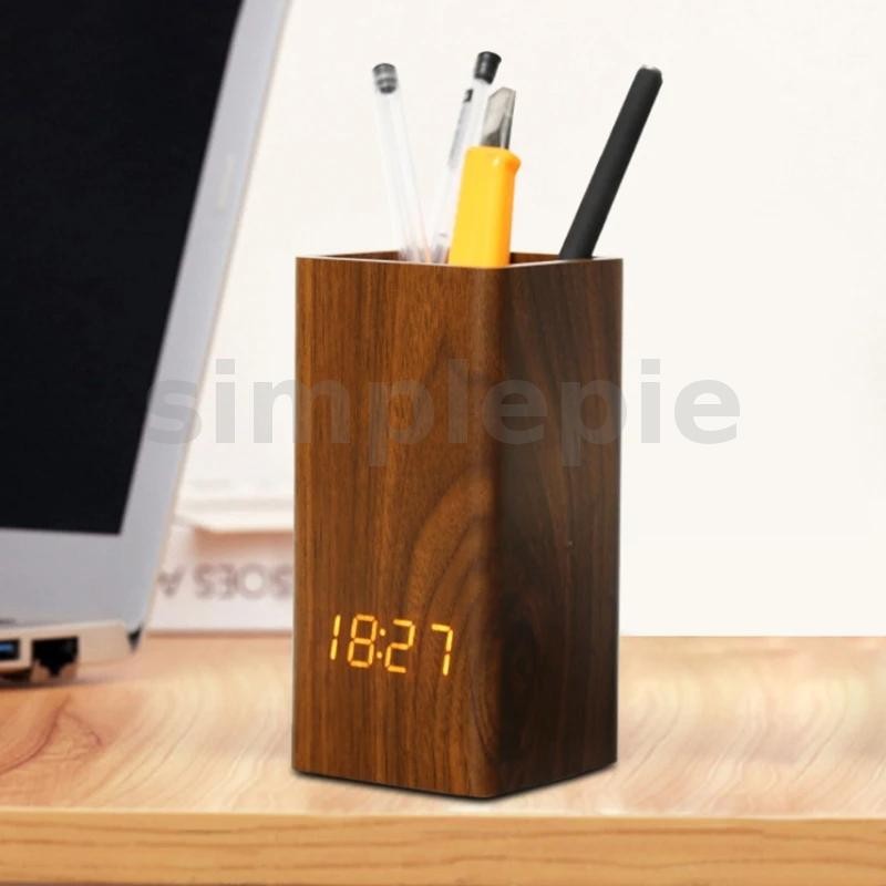 Creative Wooden Pen Holder Clock USB Voice Control Digital Pen Holder ...