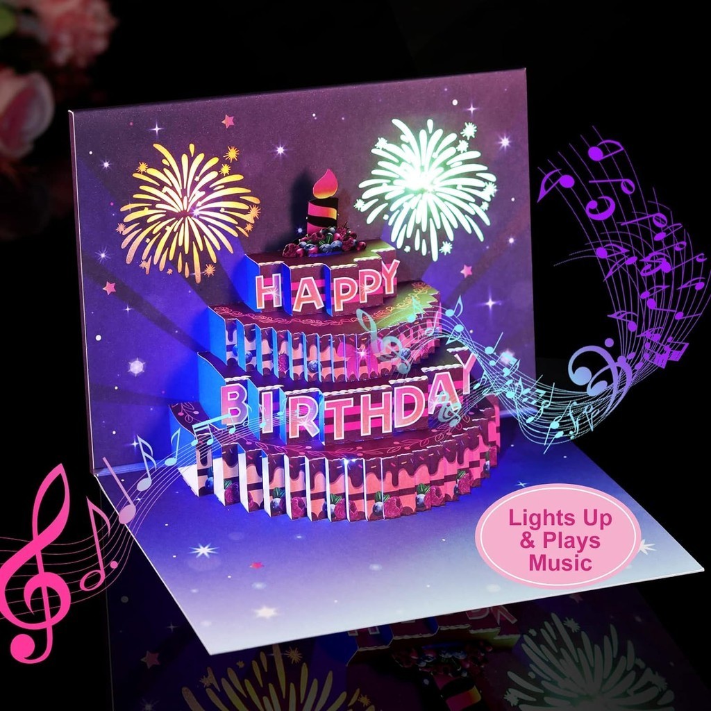 Cute 3D Pop Up Birthday Card with Music Fireworks Lights Greeting Card ...