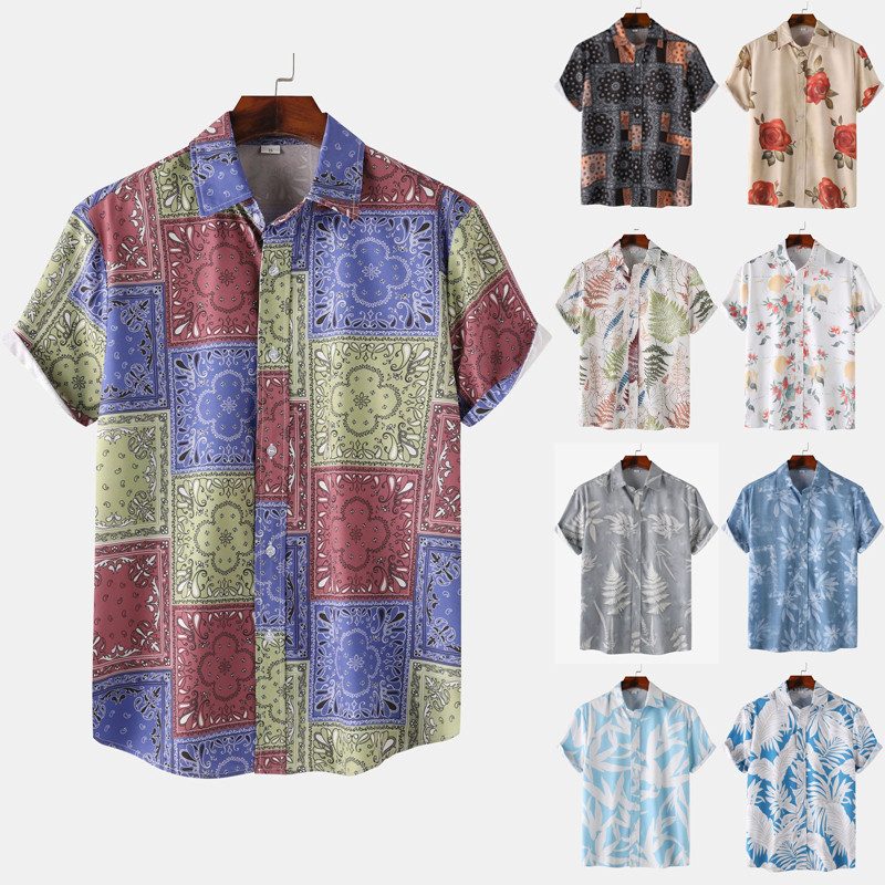 Mens ethnic style floral printing shirt cotton seaside short sleeve loose ethnic style casual shirt shop