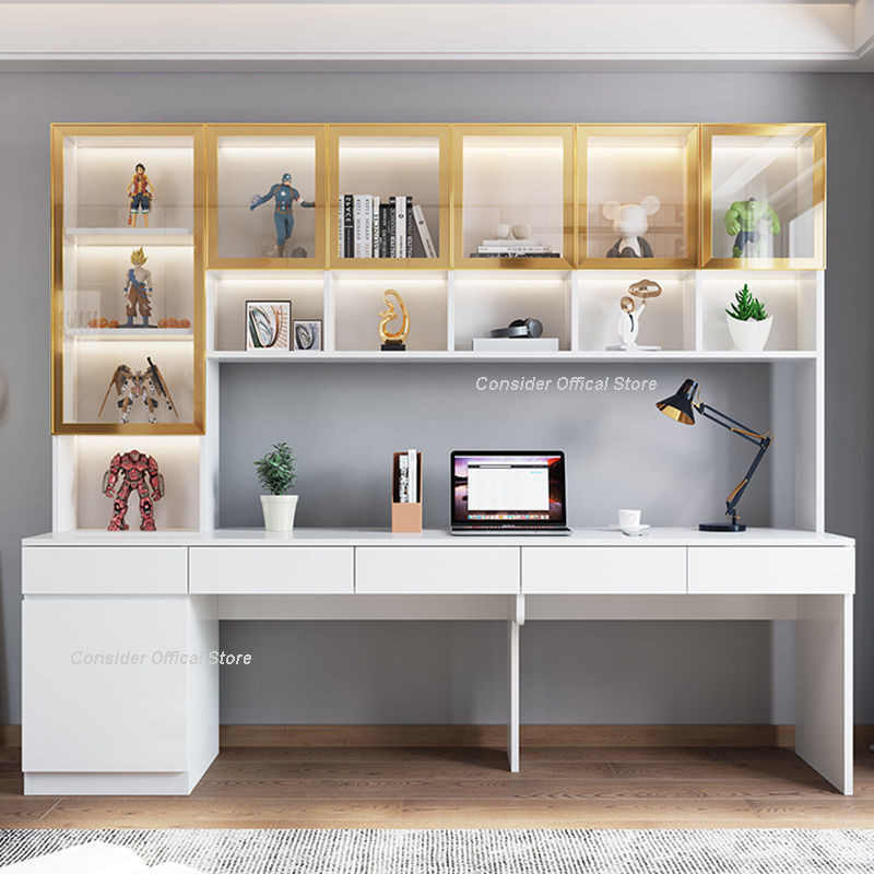 Light Luxury Office Table Computer Desk With Bookshelf Home Display ...