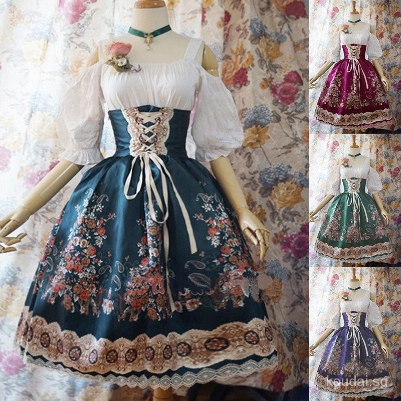 Vintage Dress Summer Cosplay Maid Palace Lolita Print High Waist Long ...