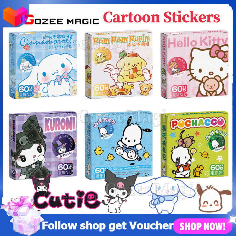 60Pcs/Box Cartoon Stickers Sanrio Kuromi Melody Hello Kitty Cinnamon ...