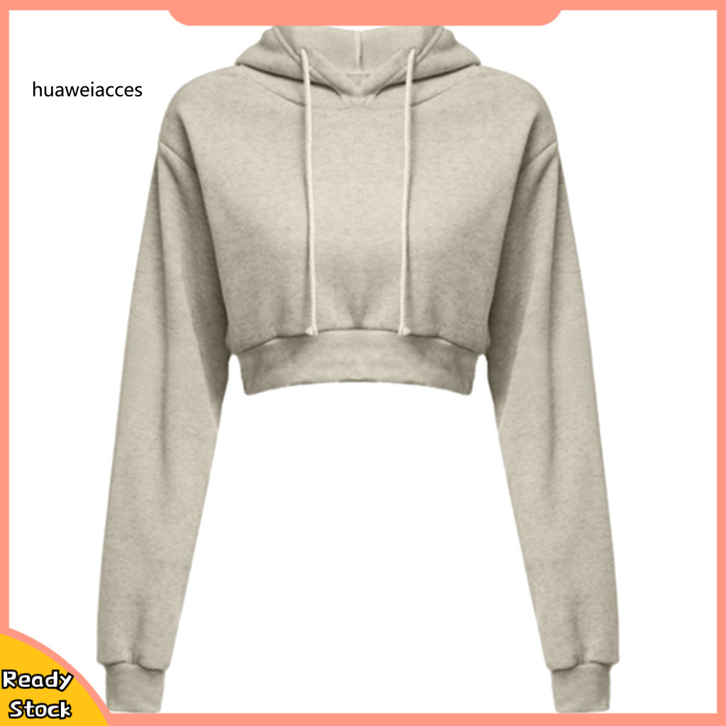 HUA Sports Women Solid Color Long Sleeve Hoodies Hooded Sweatshirt Short Crop Top Shopee Singapore